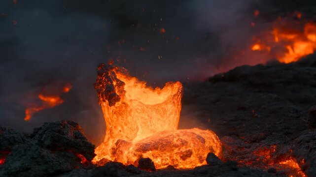 Erupting molten bulb tilting and collapsing into hot pool on lava field, hurling embers by pressure