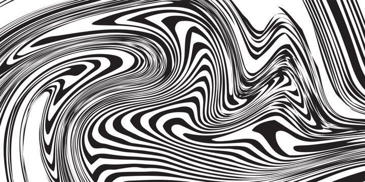 Black and white striped liquid paint effect vector seamless pattern. Wavy psychedelic background of moving liquid. Modern zebra backdrop. Groovy 1970s style.