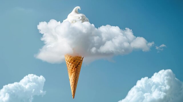 Cloud slowly drifts in the sky with ice cream cone in a bright blue background Generative AI