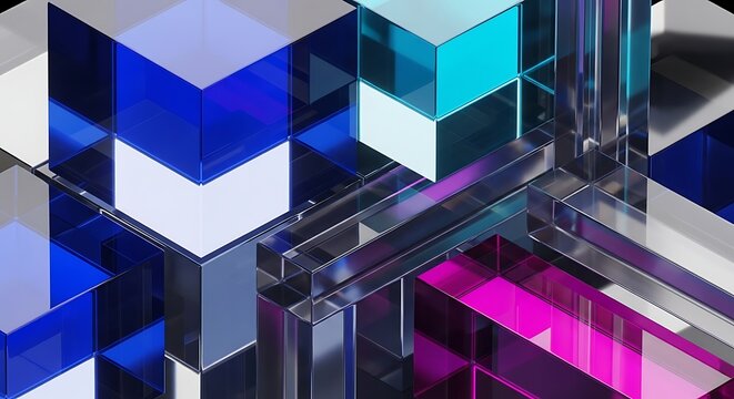 Abstract 3d composition of translucent glass cubes and rectangular prisms