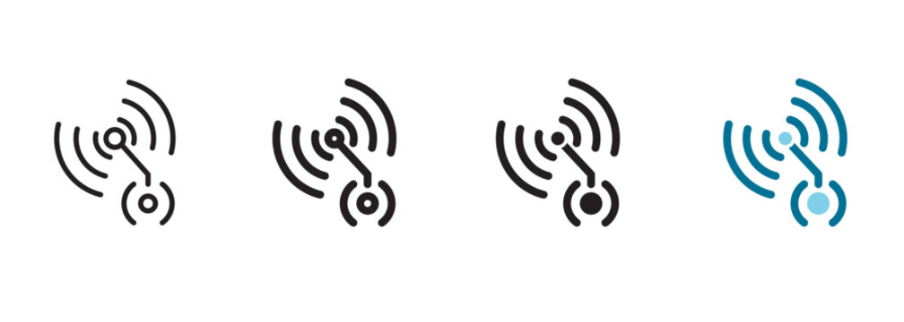 Sensor icon with wireless frequency transmission signals and detection nodes representing smart factory proximity telemetry, digital manufacturing data tracking, and internet of things connection.