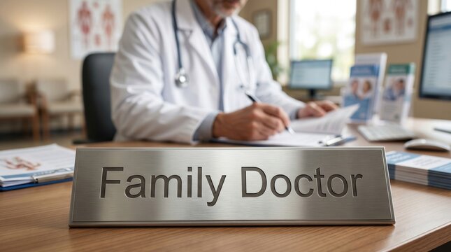 Family doctor nameplate on clinic desk with physician working in the background. General practitioner office, primary healthcare, medical practice and family medicine concept