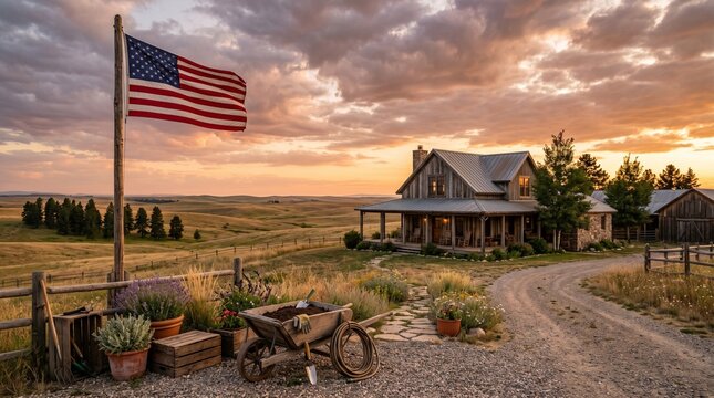 American Flag Flies Proudly Over A Rustic Farmhouse Estate at Sunset