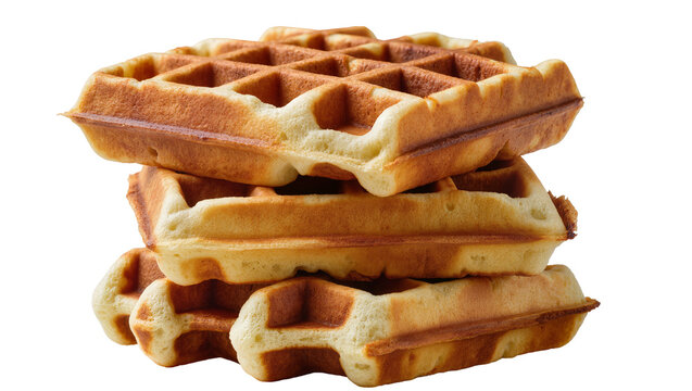 Stack of golden brown Belgian waffles with square grid pattern