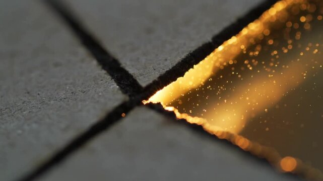 Camera shifting focus, narrow golden seam revealing glittering particles on tiled floor grout cross