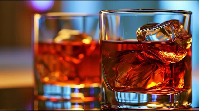 Warm amber liquid in clear glass with ice cubes