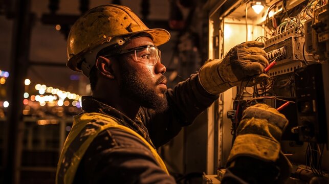 Black male electrician working on an electrical panel. Professional technician in hard hat and safety glasses repairing wiring. Industrial maintenance concept