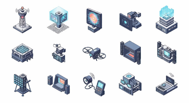Collection of futuristic technology and sci fi objects isometric view.