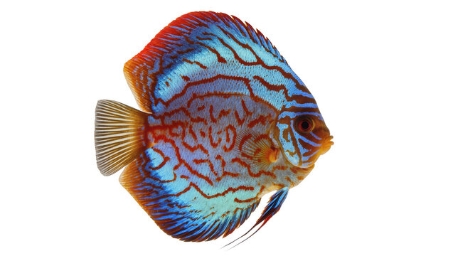 Blue and red striped discus fish side view