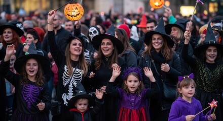 Fototapeta premium Group of children and adults in Halloween costumes walking in parade.