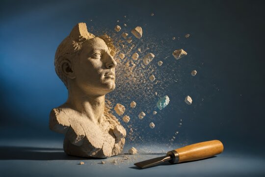Cracked stone bust with chisel and flying fragments on blue background