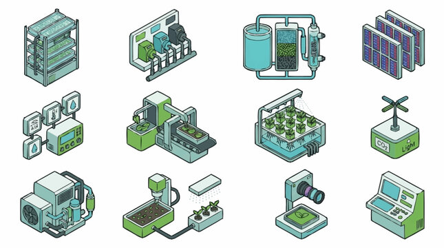Collection of Industrial Equipment and Technology Icons.