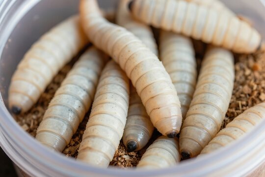Many white larvae wriggle in a plastic container with sawdust. These grubs are live food for fish and reptiles. They are segmented and plump, with dark heads.