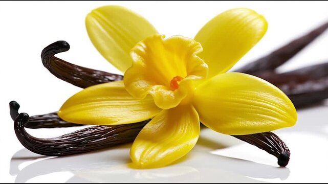Bright yellow flower blooms beside dark vanilla pods