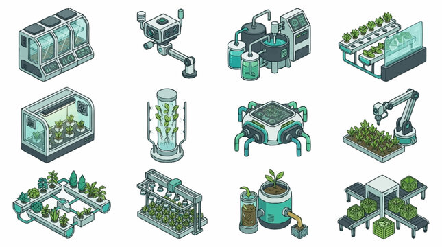 Isometric illustrations of futuristic vertical farming and hydroponic systems.