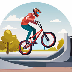 Obraz premium Excited BMX rider performing a trick on a ramp in a skatepark outdoor setting