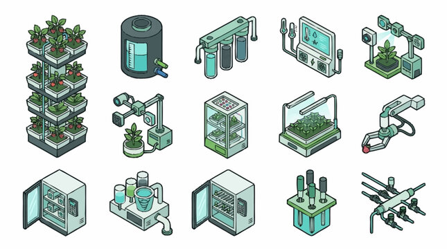 Collection of Hydroponic Systems and Equipment Icons.