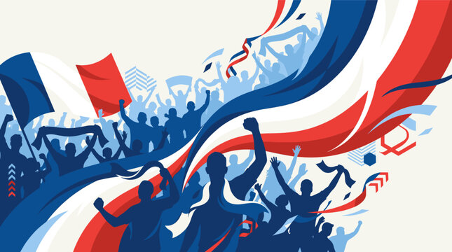 Crowd of cheering sports fans celebrating victory with flags and scarves