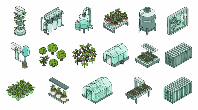 Collection of Isometric Icons Representing Hydroponic Farming Equipment.