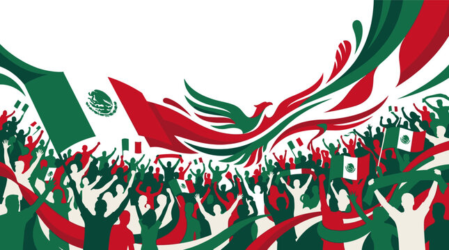 Mexican soccer fans crowd celebrating with national flags and stylized eagle graphic