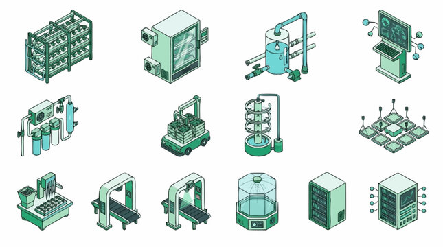 Collection of isometric industrial factory equipment and machinery icons.