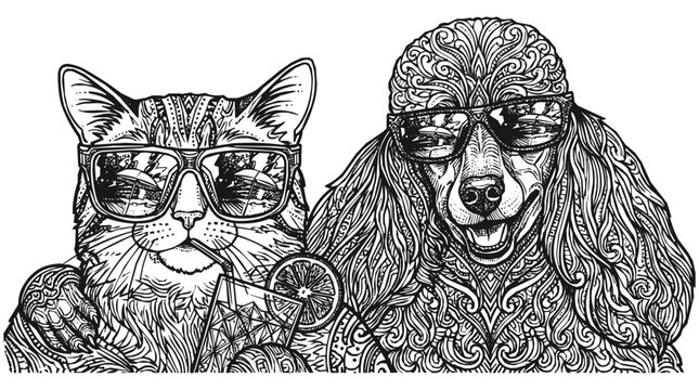 Poodle - Detailed pet eyewear illustration featuring cat sunglasses and dog sunglasses in a zentangle pattern with a cool feline drinking a summer