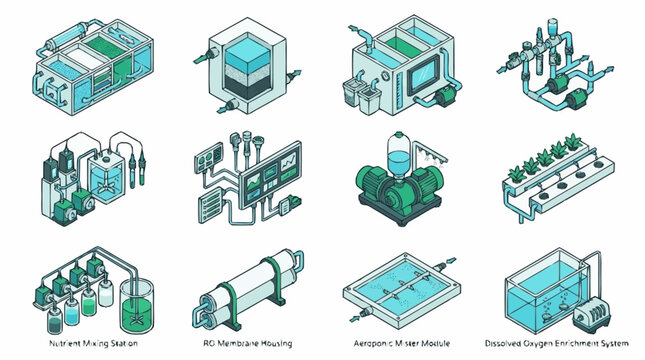 Hydroponic Systems and Equipment Illustrations Set.