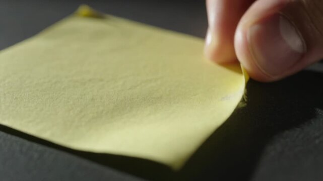 Fingertip pinching hand peeling yellow sticky note on dark desk, revealing rolled glue fragment