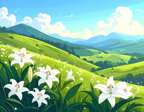A vibrant illustration depicts a lush, green landscape with rolling hills, a bright blue sky, and white lilies