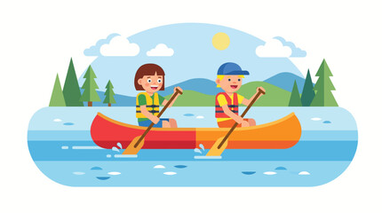 Obraz premium Embark on exciting summer camp activities and enjoy a refreshing canoe adventure on a calm blue lake surrounded by lush green pine trees under a bright sunny sky with fluffy clouds
