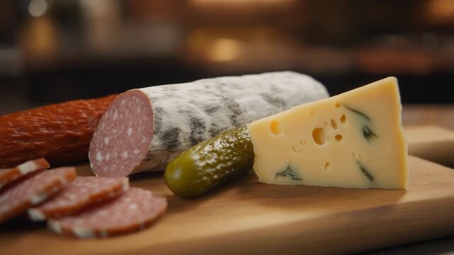 Cinematic Close Up of Dry Salami Sausage Slices with Blue Cheese and Pickles on Wooden Board, Full HD Food Background