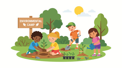 Fototapeta premium Diverse kids enjoying engaging summer camp activities, planting trees and exploring environmental conservation at an educational outdoor program