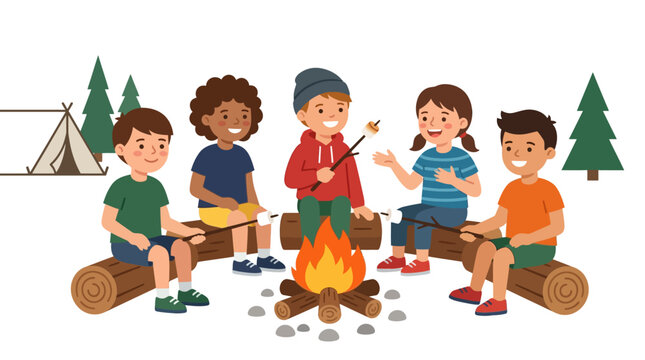 Joyful group of children enjoying summer camp activities around a cozy campfire, roasting marshmallows and sharing stories