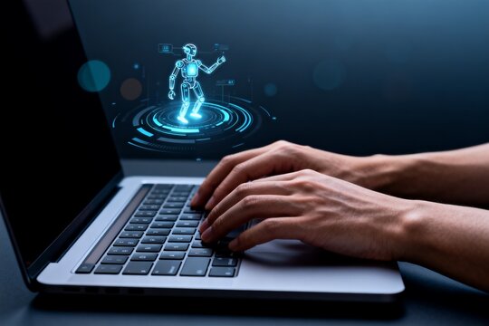 Hands typing on laptop with robot hologram
