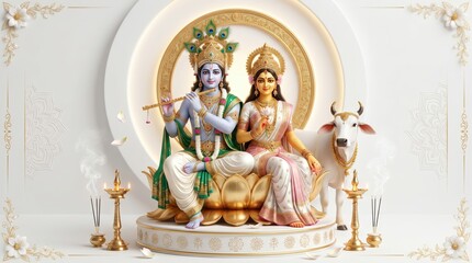 Fototapeta premium Hindu deities krishna and radha sitting on a golden lotus throne with a sacred cow under a decorative archway for spiritual worship and festive celebrations in a serene minimalist setting