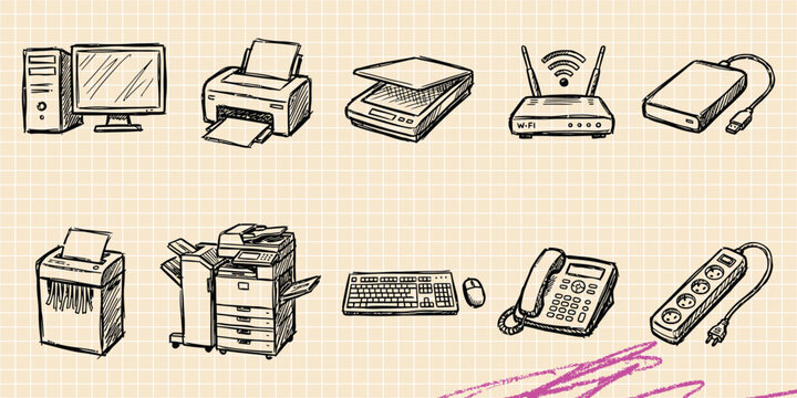 Black ink scribble doodle vector vintage hand drawn set of office workspace computer desk and business furniture