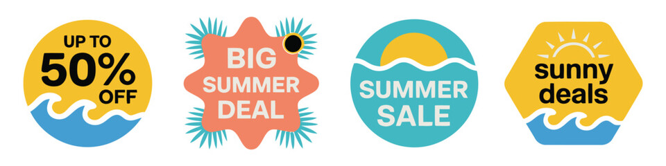 Summer sale badges collection, sun and beach elements, promotional discount labels, tropical seasonal marketing stickers, vector illustration set. ©    