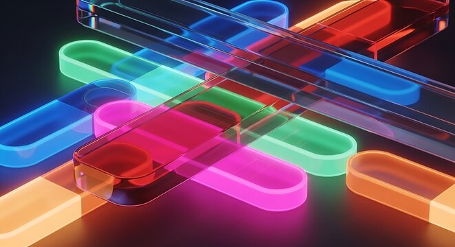 Abstract 3d render of intersecting neon glowing glass rectangular bars