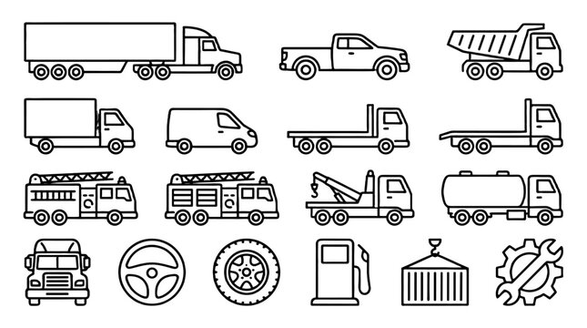 Commercial truck and transport vehicle outline icon set