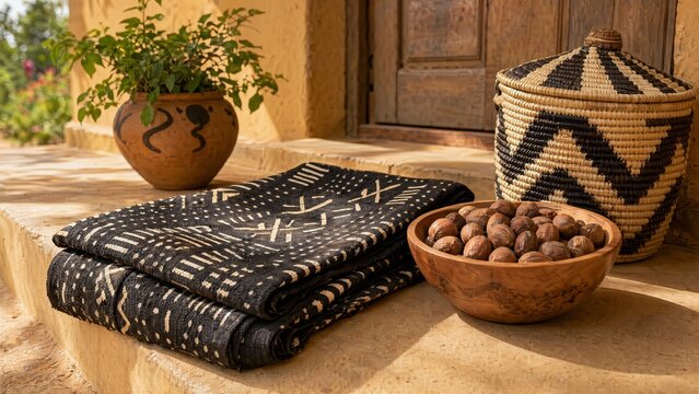 shea. Mud cloth fabric with shea nuts and woven basket, West African craft and natural decor. event programs, museum guides, designed for cultural heritage projects and event programs.