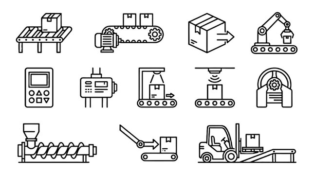 Packaging and conveyor line industrial outline icon set