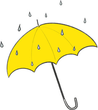 Hand drawn yellow umbrella with falling raindrops, isolated rainy weather illustration for monsoon and seasonal design projects.