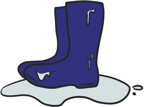 Hand drawn blue rain boots standing in a puddle, isolated weather illustration for rainy day and monsoon season designs.