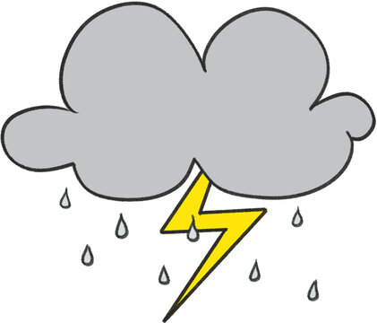 Hand drawn storm cloud with lightning and falling raindrops, isolated thunderstorm weather illustration for monsoon and forecast designs.