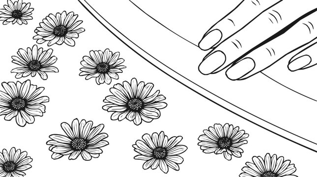Minimalist line art of a female hand with long nails near beautiful daisy flowers for a relaxing spa manicure session coloring page activity