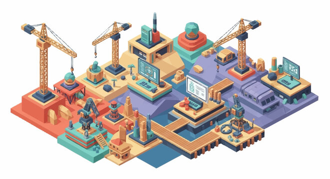 Isometric illustration of a construction site with cranes and buildings under development, symbolizing progress and urban planning.