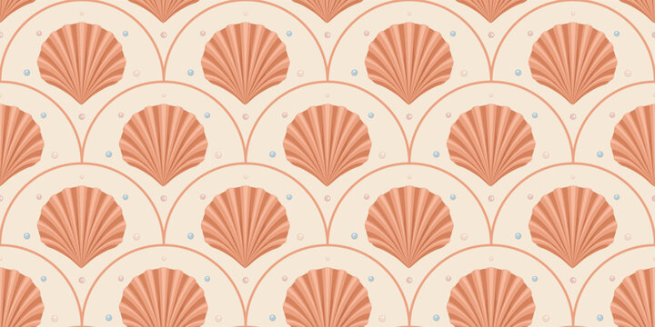 Seamless pattern with orange scallop seashell in arches on beige background, Summer vector illustration