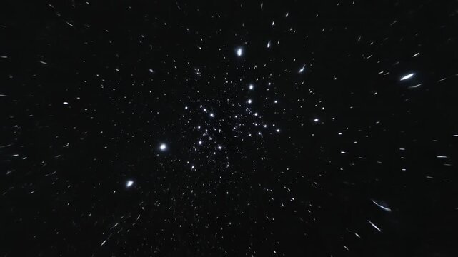 Brightening compact cluster showing cores while camera approaching deep space with streaks, glows
