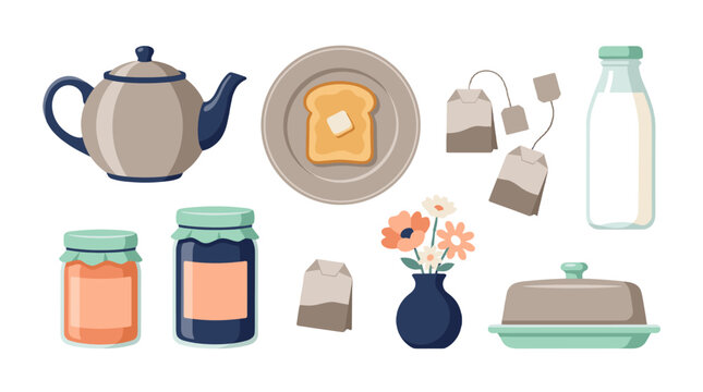 Breakfast food and drink items in flat vector illustration set