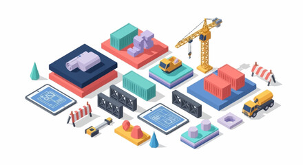 Fototapeta premium Isometric illustration of construction elements, including buildings, cranes, trucks, and blueprints, representing urban development and planning.